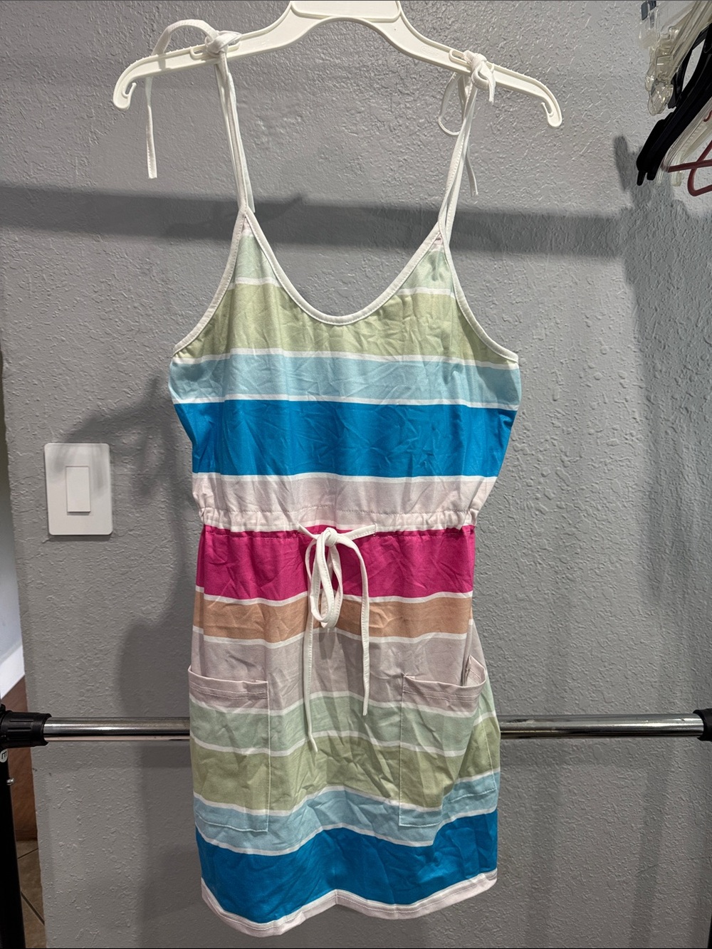 Girls' Striped Tie-Shoulder One-Piece Dress in Blue, Pink, Green